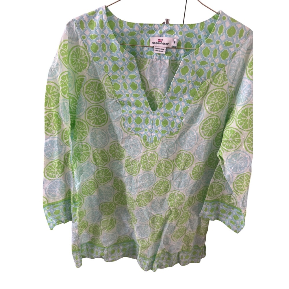 Vineyard Vines Womens Lime Lemon Citrus Print Cotton Tunic V-Neck Top Green Blue